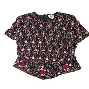 Adrianna Papell Boutique Evening Silk Sequin Beaded Top Black Shirt Size 2X